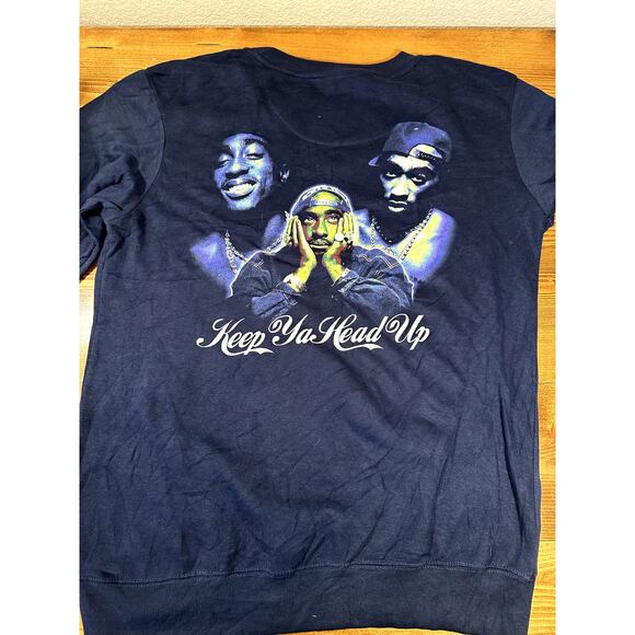 2Pac y2k 90's Rap Music Crewneck Blue Doube Sided Sweater Large - Picture 3 of 6